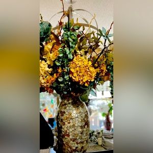 Lrg Floral Arrang’mt overflowing w/ Blue,Yellow,&Gold vivacious flowers & stems.